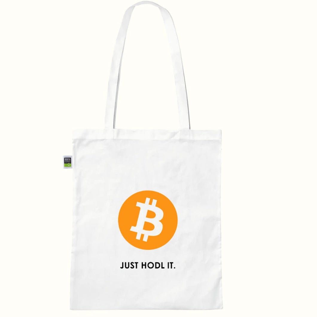 Weißer Jutebeutel mit orangenem Bitcoin-Logo und dem Satz 